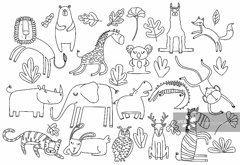 卡通大套可爱的涂鸦动物。图片素材