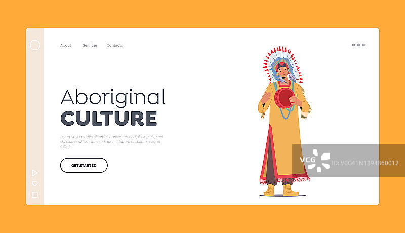 原住民文化登陆页面模板。印第安美国酋长戴着带羽毛的头饰打手鼓图片素材