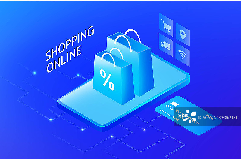 网上购物配送服务理念，销售智能手机购物袋和信用卡矢量插图图片素材