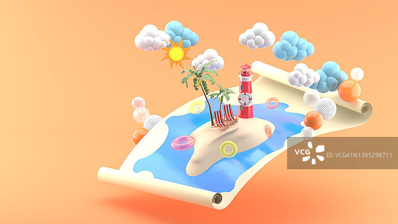 沙滩椅，椰子树和灯塔在地图上的海上在橙色的背景。3 d渲染。图片素材