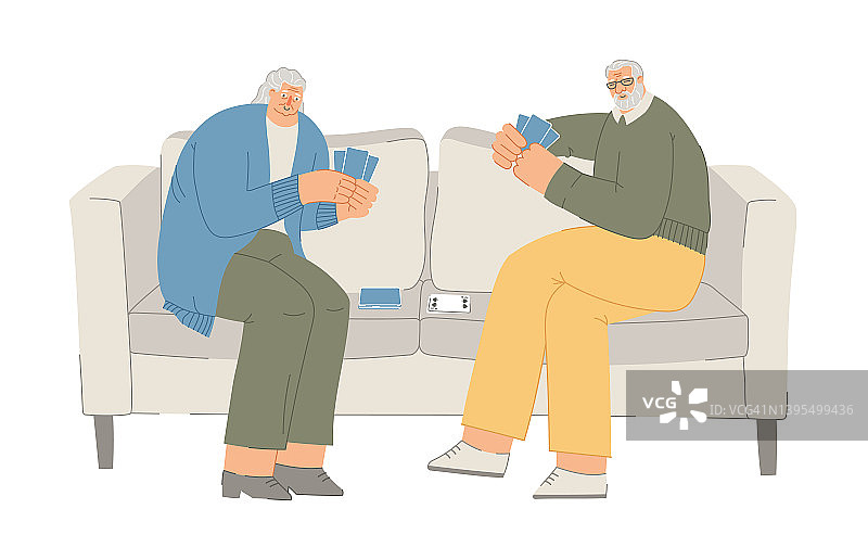 年长的朋友在一起消磨时光。老夫妇坐在沙发上打桥牌或扑克。老年人和棋类游戏。矢量插图孤立在白色背景图片素材