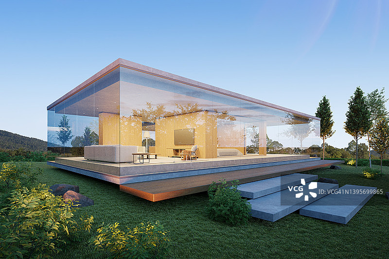 带有大玻璃窗的现代混凝土房子的3d渲染。图片素材
