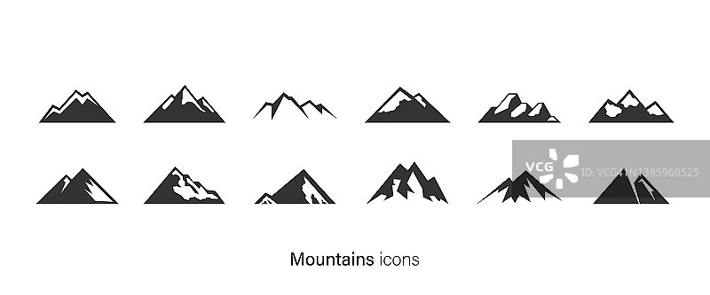 山脉，岩石和火山山峰图标矢量集。探险到山地或旅游符号孤立。向量EPS 10图片素材