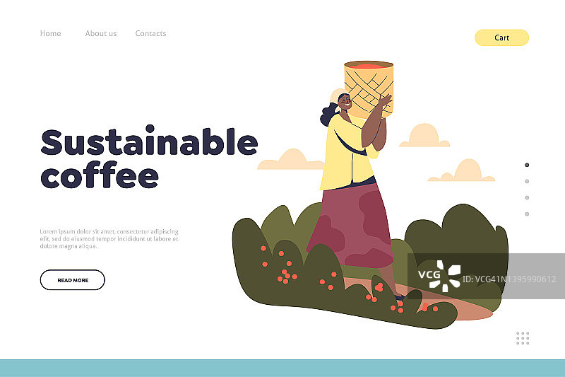 可持续咖啡概念登陆页面与巴西妇女携带的咖啡豆袋图片素材
