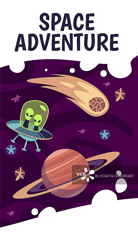 卡通太空飞行。天体，行星木星和彗星，飞行ufo与绿色可爱的外星人，在宇宙的冒险，垂直横幅，海报或小册子，矢量插图图片素材