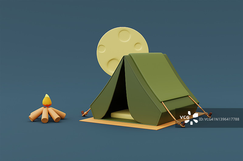 夜间露营的概念是用帐篷和篝火在月光下露营，假期度假。最小的风格。3 d渲染。图片素材