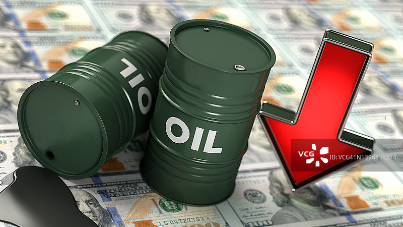 油价下跌的概念与美元堆叠桶和红箭图片素材