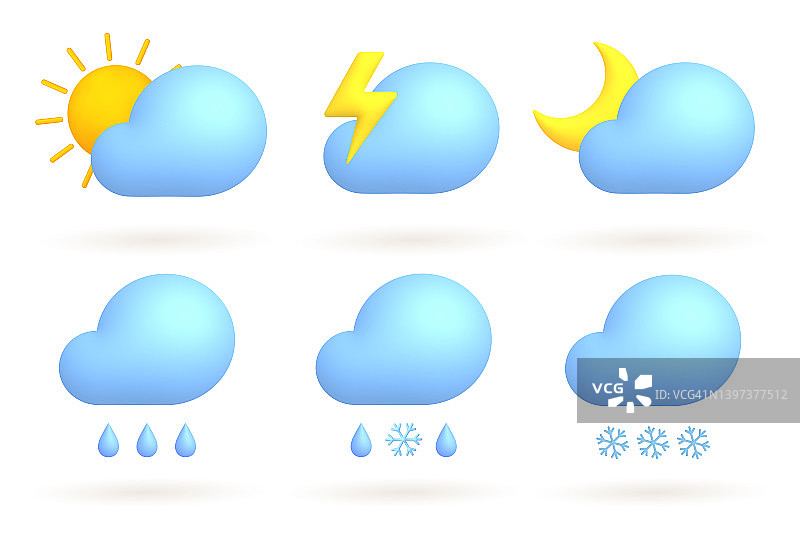 3d卡通天气图标集。太阳,月亮,闪电;云,雨,雪。图片素材