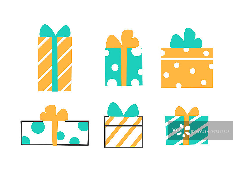 礼品盒平面线条图标设置在白色背景。彩带和蝴蝶结。庆祝节日节日生日派对元素设计。现代最小包装标志惊喜矢量插图图片素材
