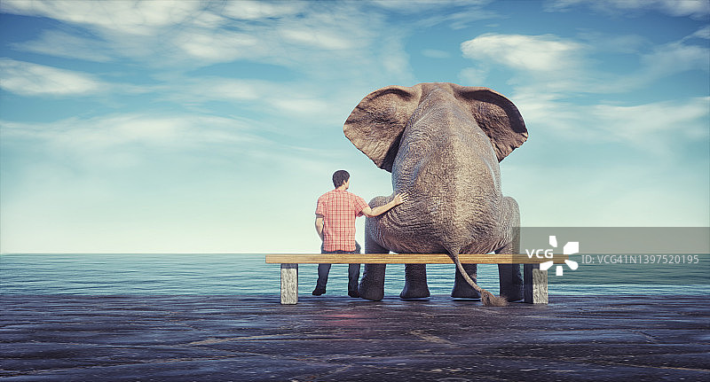 大象和一个人坐在长凳上欣赏大海。图片素材