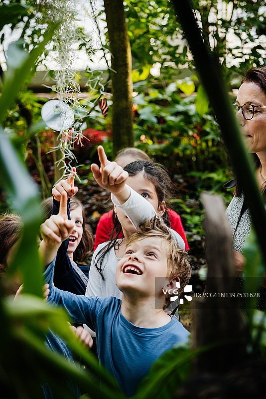 孩子们在植物园里欣赏异国植物时很兴奋图片素材