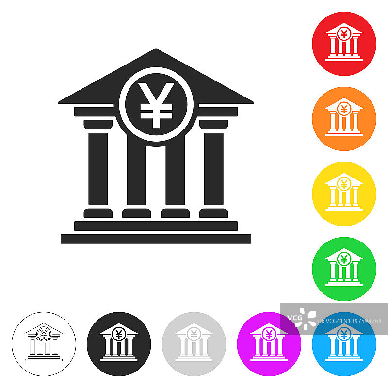 有日元标志的银行。彩色按钮上的图标图片素材