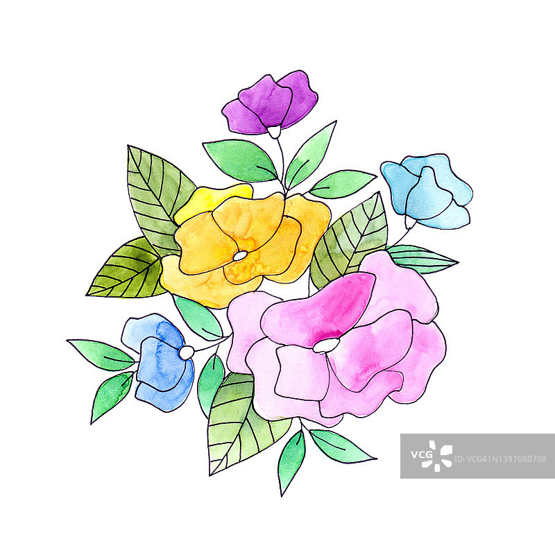白色背景上的花束。水彩花卉绘画。鲜花装饰元素的祝福生日婚礼卡。图片素材