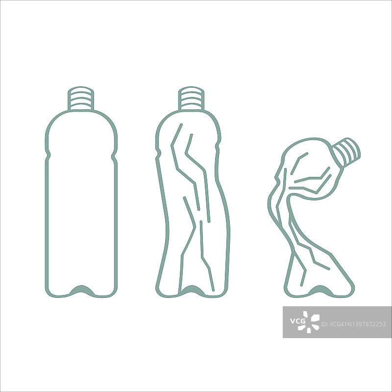 塑料水瓶垃圾集不同的瓶子垃圾透明塑料平面矢量插图孤立在白色背景图片素材