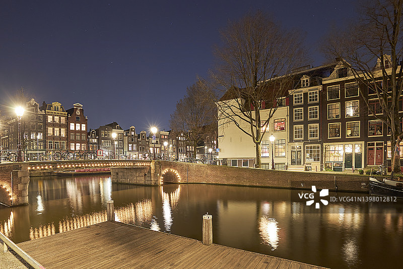 阿姆斯特丹城市运河的夜晚图片素材