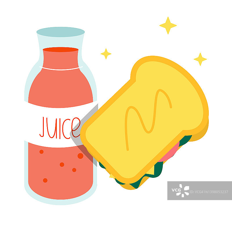 新鲜果汁吐司三明治哼芝士番茄经典早餐平面矢量插图图片素材
