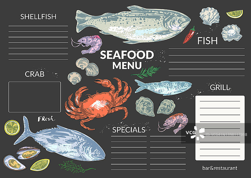 手绘彩色海鲜素描，鱼为菜单背景图片素材