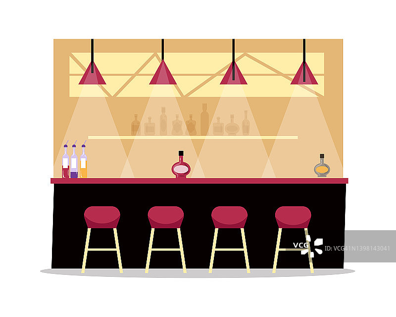 空酒吧柜台内部货架和酒精饮料瓶，平面矢量插图。图片素材