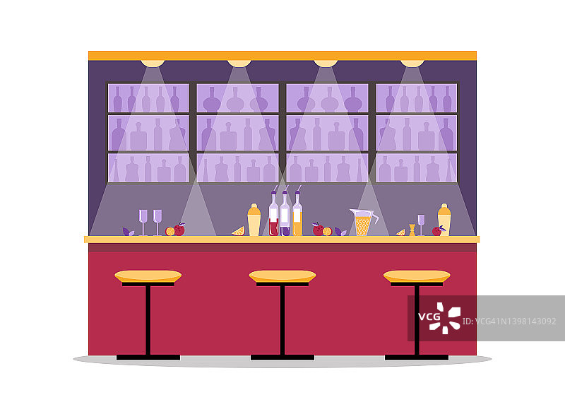 酒吧或酒吧柜台与酒精饮料，平面矢量插图孤立。图片素材