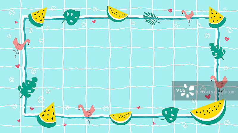 夏天的背景与框架装饰黄色西瓜，热带植物，火烈鸟，蓝色游泳池心脏平面矢量插图。夏季主题网站的背景设计图片素材