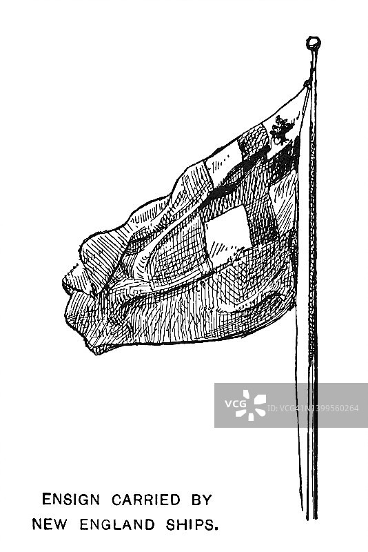 新英格兰船只携带的国旗的古老雕刻插图图片素材