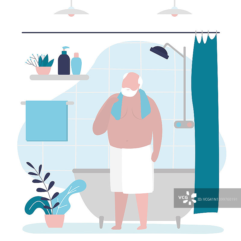 爷爷洗完澡。老帅哥洗完澡用毛巾擦身。老人裹着毛巾站在浴室里。个人卫生保健理念。图片素材