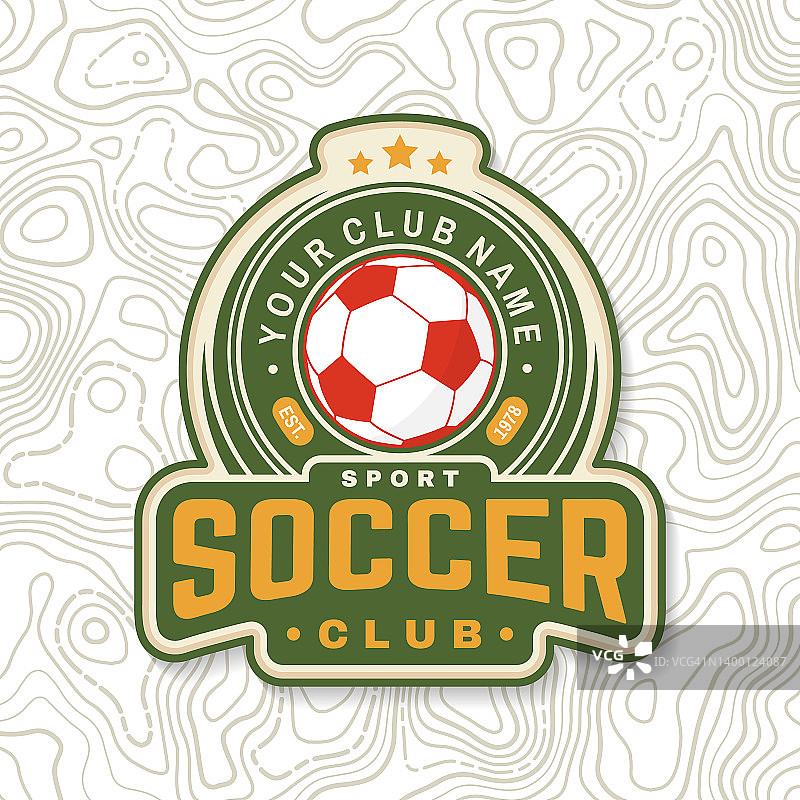 足球、足球俱乐部贴片设计。矢量插图。为高校足球联赛俱乐部标志、会徽。复古的颜色标签，贴纸，贴片足球的轮廓。图片素材