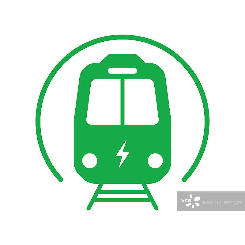 地铁站绿色剪影标志。地铁列车在前视图生态运输象形文字。地铁电气生态交通标志。孤立的矢量图图片素材