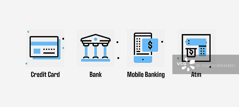 四图标包银行和金融线设置图片素材