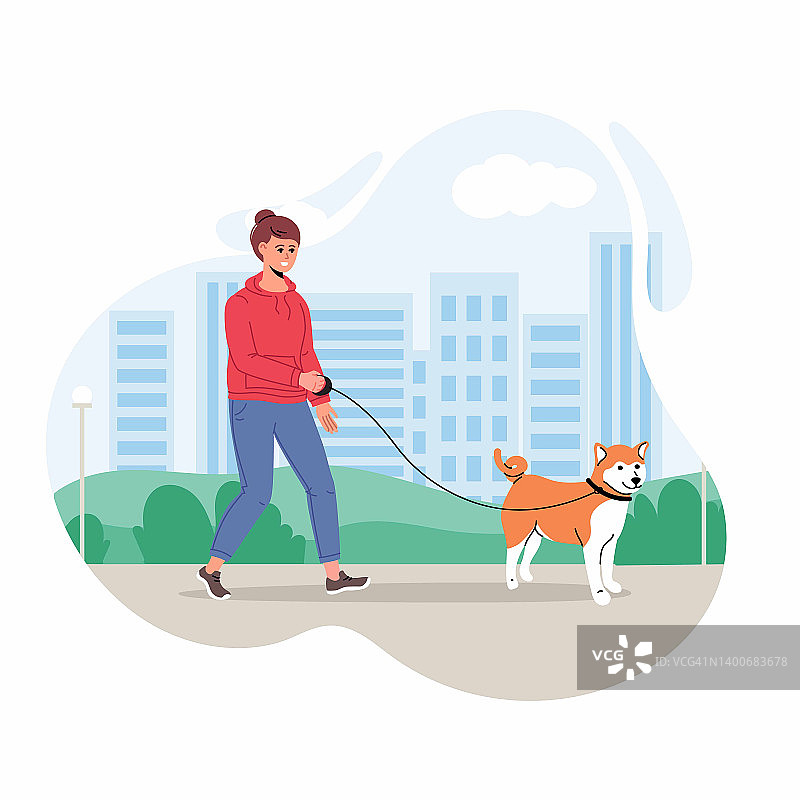 一名女子牵着宠物在城市公园散步。矢量平面插图。女性带着狗在街上散步图片素材