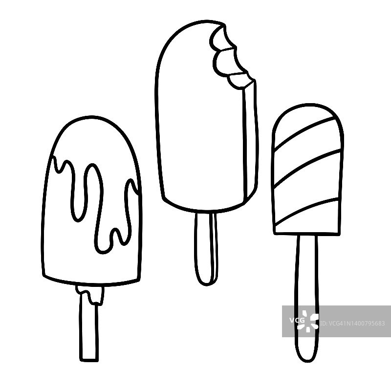 一套图画书，美味的冷甜点，巧克力和水果冰淇淋棒。向量图片素材