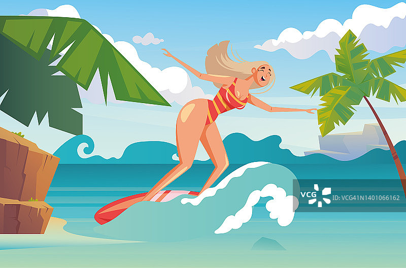 女人性格冲浪海滩海上度假村的概念。矢量平面卡通图形设计插图图片素材