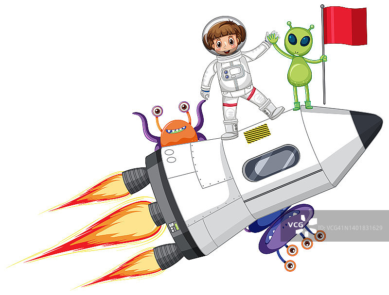 一个乘坐火箭的宇航员和卡通风格的外星人在一起图片素材
