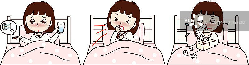 一幅年轻女子躺在床上感到恶心的插图。吃药，咳嗽，流鼻涕。图片素材