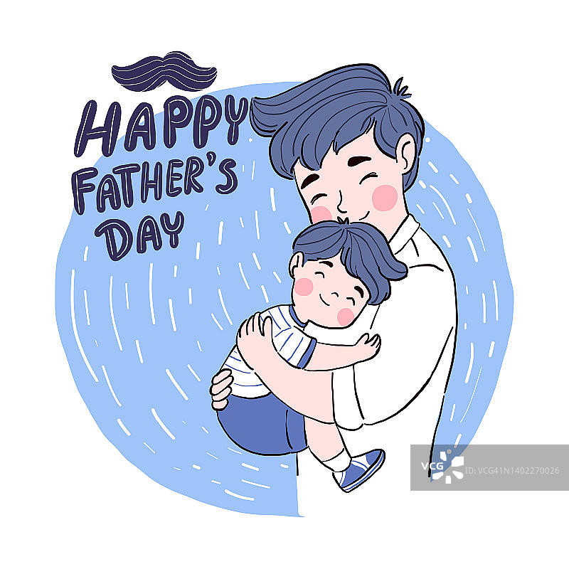 父亲把儿子紧紧地搂在胸前。爸爸和儿子穿着隔离在蓝色背景的t恤。图片素材
