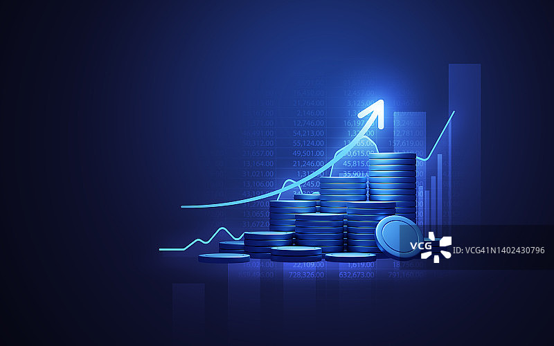 蓝钱商业图金融图经济3d硬币背景与增长金融数据概念或投资市场利润条和成功市场股票技术货币报告。图片素材