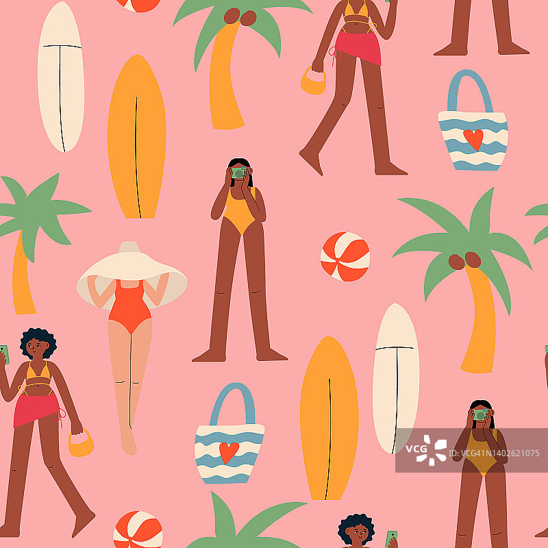 夏天的无缝图案与可爱的扁平多样化的女性泳装和海滩配件和对象图片素材