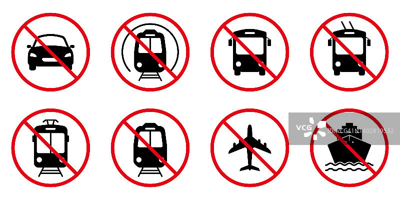 禁止运输站黑色剪影图标设置。禁止火车、电车、汽车、摩托车、有轨电车、自行车、飞机、公共汽车、船舶的象形文字。道路红色停止圈标志。孤立的矢量图图片素材