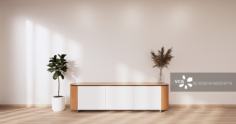 柜体木质设计上的白色房间室内现代风格。三维渲染图片素材