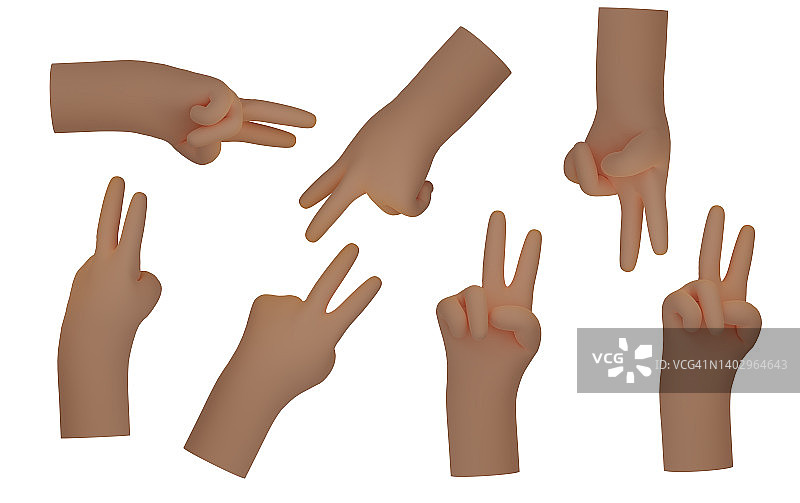 3d手势在白色背景。不同角度的表情符号。显示两个手指。和平与赢家的理念。孤立停止动画插图图片素材