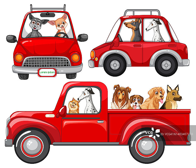 一群狗开着红色的车图片素材