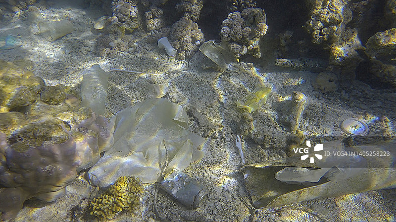海底美丽的珊瑚礁覆盖着塑料等垃圾，红海，埃及图片素材