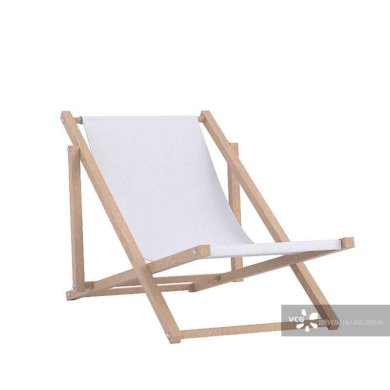 沙滩椅，躺椅隔离。白色面料的木制躺椅。三维渲染图片素材
