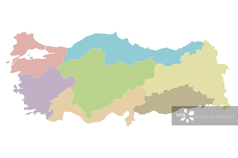 带区域和地理分区的土耳其矢量空白地图。可编辑和明确标记层。图片素材
