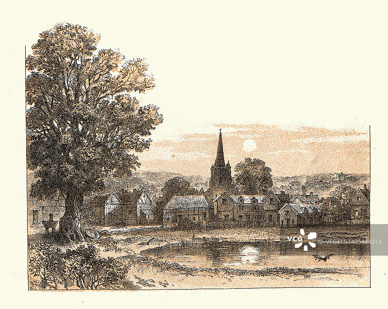 维多利亚时代的英国乡村景观，夏天，池塘，教堂尖塔，19世纪图片素材