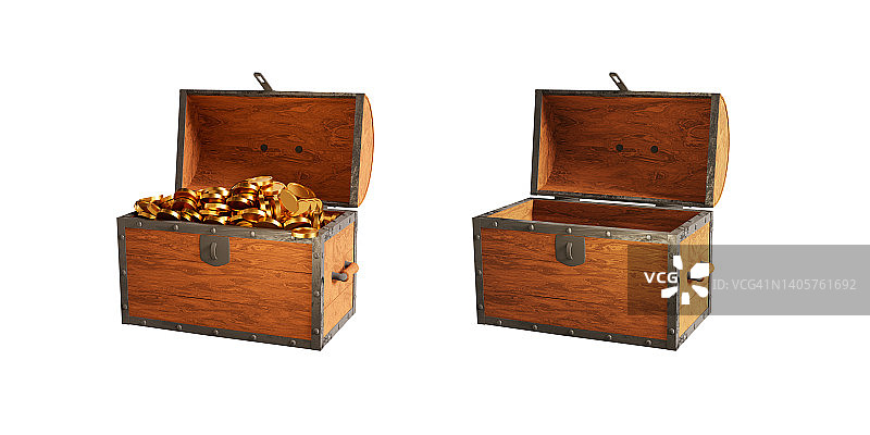 木制打开的箱子里装着金币和空的。白色孤立背景上的3d渲染插图。图片素材