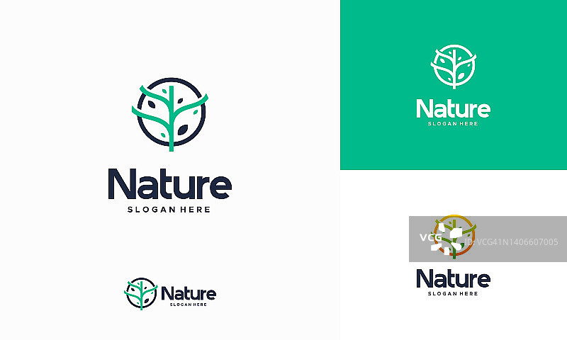 标志性的自然叶子标志设计模板，抽象的绿叶标志图标向量设计。景观设计、园林、植物、自然、生态矢量标志图片素材