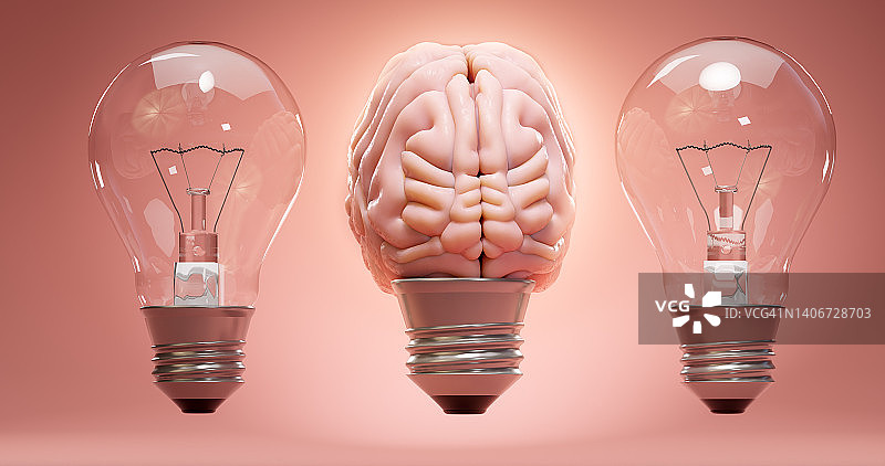 一排人脑发光的灯泡。灵感、创造、理念、教育、创新和能量的概念。3 d渲染。图片素材