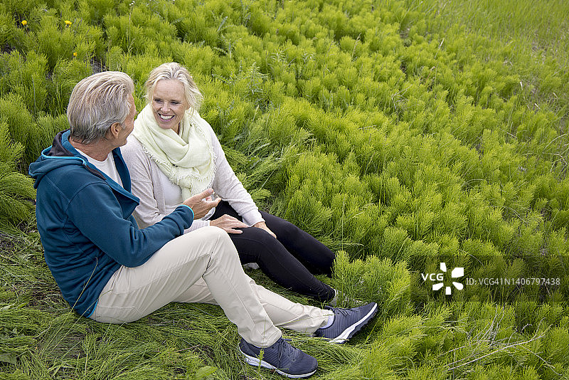 成熟的夫妇在郁郁葱葱的草地上放松图片素材