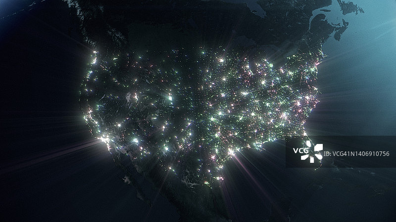 从太空中看到的美国闪耀的城市灯光图片素材